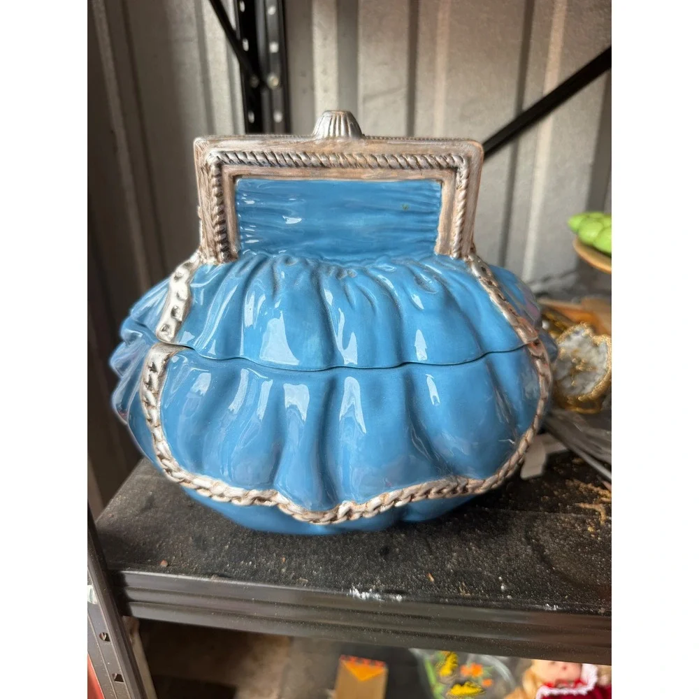 International Bazaar Blue Ceramic Coin Purse‎ Cookie Jar Vintage Style Canister